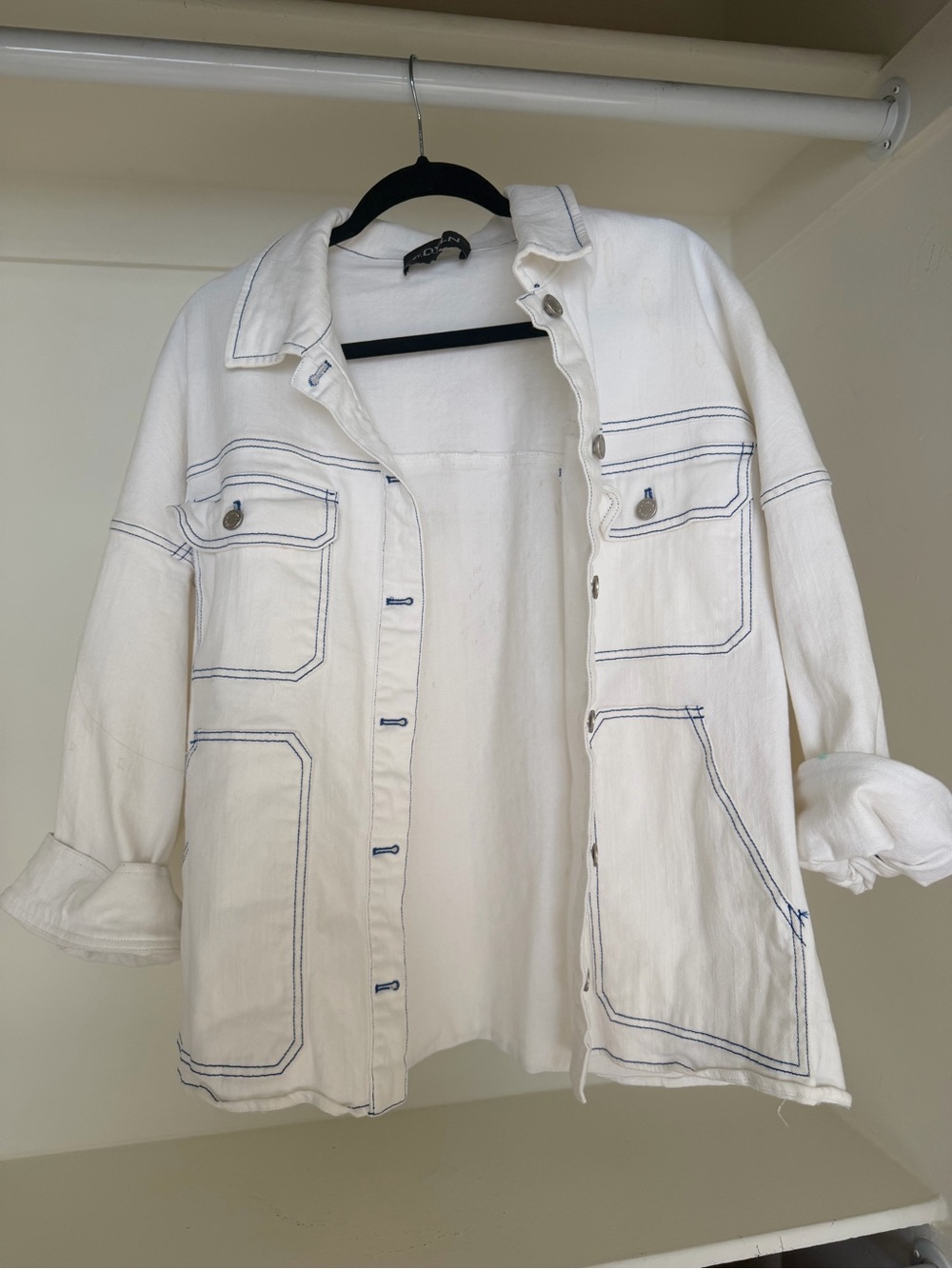 White Jean Jacket with Navy Contrast Stitching